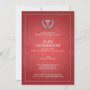 Classic Red and Silver Medical Caduceus Graduation Invitation