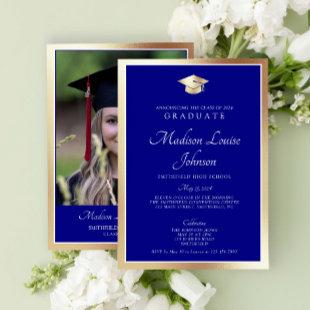 Classic Script Navy Blue & Gold Photo Graduation Invitation