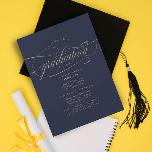 Classic Script Navy Gold Graduation Party  Invitation