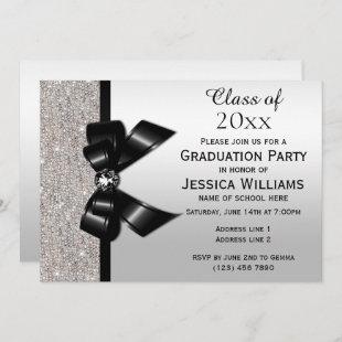 Classy Black Gem Bow, Silver Sequins Graduation Invitation