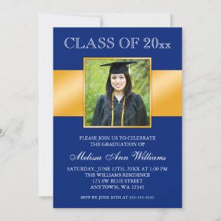 Classy Blue Gold Photo Graduation Announcement