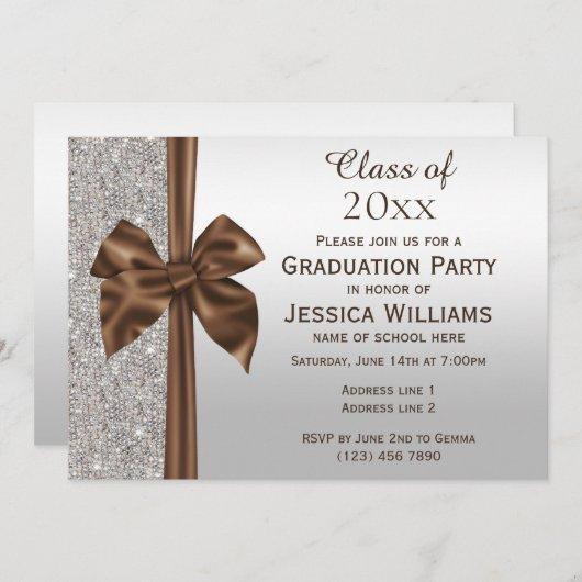 Classy Brown Silk Bow, Silver Sequins Graduation Invitation