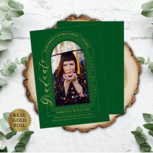 Classy Elegant Arched Photo Green Graduation Foil Invitation