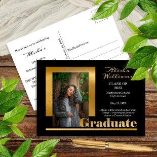 Classy Elegant Gold Text Graduate 1 Photo Black Postcard