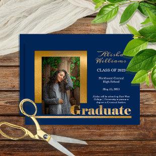 Classy Elegant Gold Text Graduate 1 Photo Blue Announcement