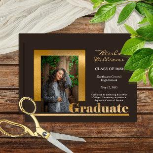 Classy Elegant Gold Text Graduate 1 Photo Brown Announcement