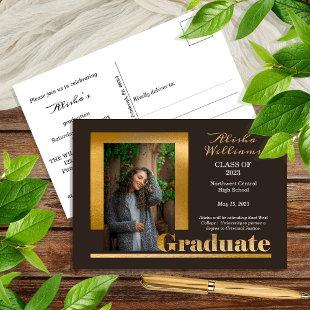 Classy Elegant Gold Text Graduate 1 Photo Brown Postcard