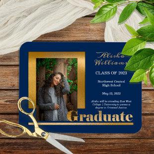 Classy Elegant Gold Text Graduate 1 Photo Dk Blue Magnet