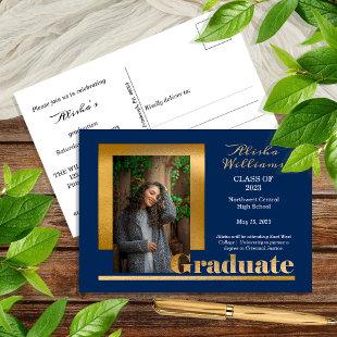 Classy Elegant Gold Text Graduate 1 Photo Dk Blue Postcard