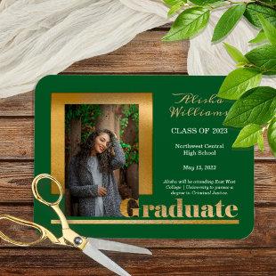 Classy Elegant Gold Text Graduate 1 Photo Dk Green Magnet