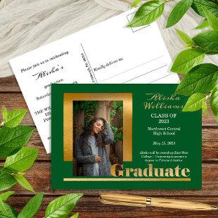 Classy Elegant Gold Text Graduate 1 Photo Dk Green Postcard