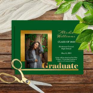 Classy Elegant Gold Text Graduate 1 Photo Green Announcement