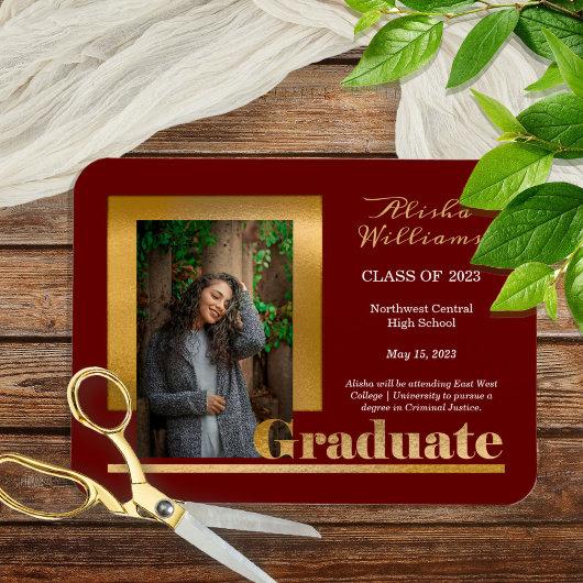 Classy Elegant Gold Text Graduate 1 Photo Maroon Magnet