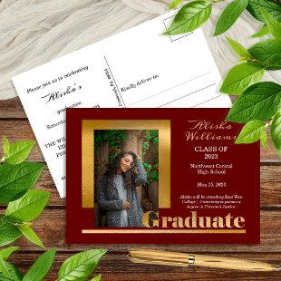 Classy Elegant Gold Text Graduate 1 Photo Maroon Postcard