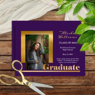 Classy Elegant Gold Text Graduate 1 Photo Purple Announcement