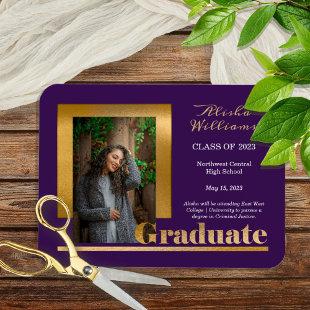 Classy Elegant Gold Text Graduate 1 Photo Purple Magnet