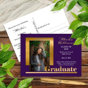 Classy Elegant Gold Text Graduate 1 Photo Purple Postcard