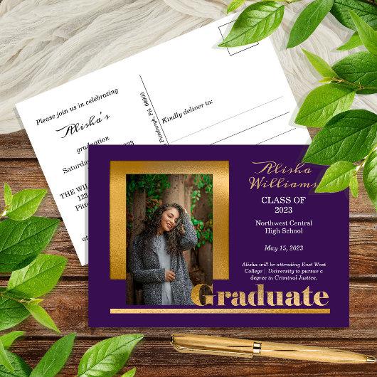 Classy Elegant Gold Text Graduate 1 Photo Purple Postcard