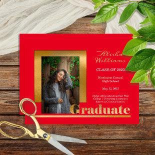 Classy Elegant Gold Text Graduate 1 Photo Red Announcement