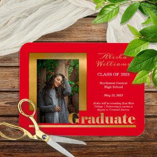 Classy Elegant Gold Text Graduate 1 Photo Red Magnet