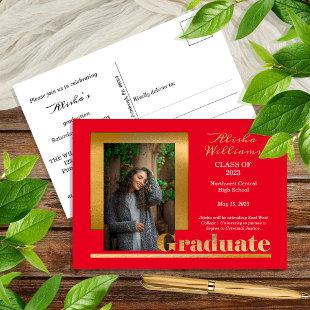 Classy Elegant Gold Text Graduate 1 Photo Red Postcard