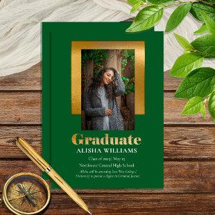 Classy Elegant Gold Text Graduate Photo Green Announcement
