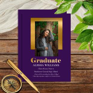 Classy Elegant Gold Text Graduate Photo Purple Announcement