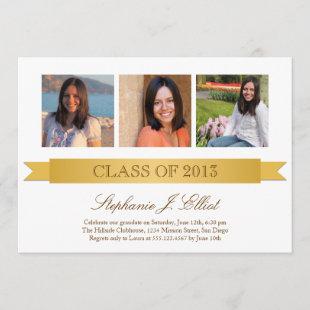 Classy gold ribbon 3 photo graduation invitation