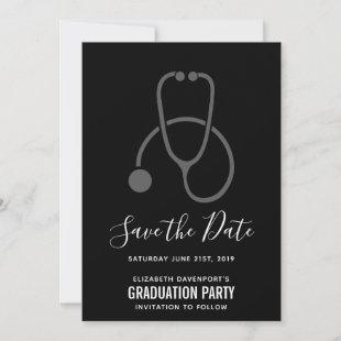 Classy  Graduation Party Gray on Black Stethoscope Save The Date