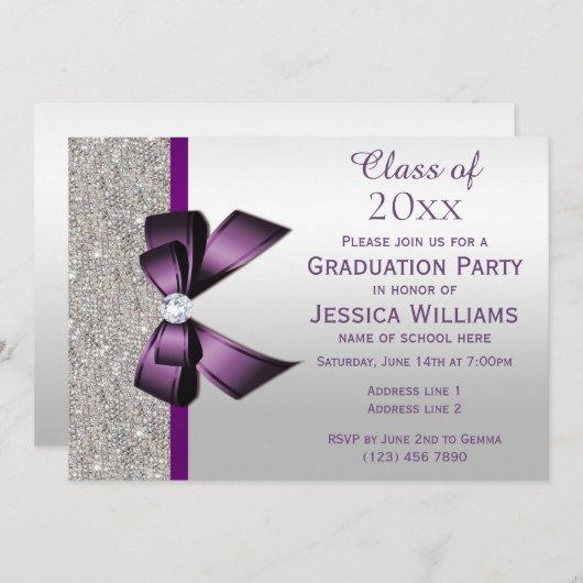 Classy Purple Gem Bow, Silver Sequins Graduation Invitation