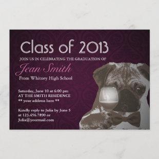 Classy Purple Pug & Wine Graduation Party Invite