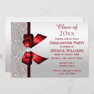 Classy Red Gem Bow, Silver Sequins Graduation Invitation