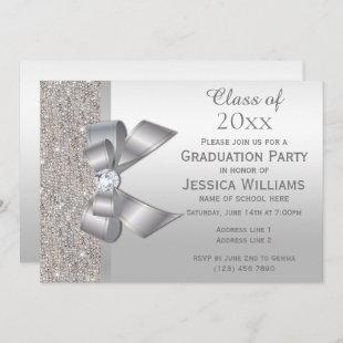 Classy Silver Gem Bow, Silver Sequins Graduation Invitation