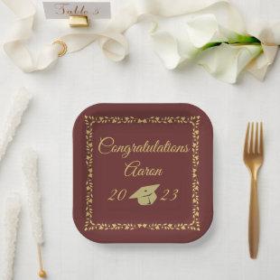 Classy Stylish Gold on Maroon Graduation Party Paper Plates