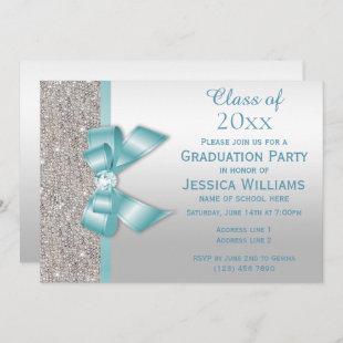 Classy Teal Gem Bow, Silver Sequins Graduation Invitation