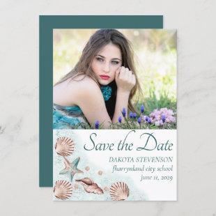 Coastal Chic | Teal and Coral Reef Graduate Photo Save The Date