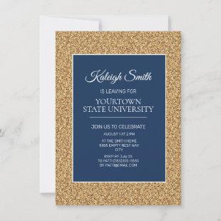 College Trunk Party Elegant Gold Glitter Navy Blue Invitation