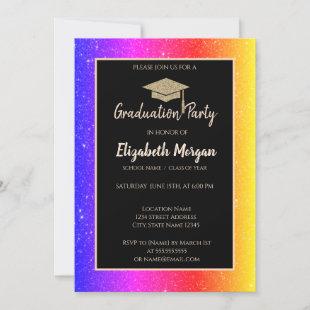 Colorful Glitter Gold Graduation Cap Invitation