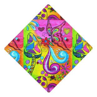 Colorful hippie mushroom butterfly graduation cap topper