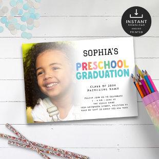 Colorful Text Photo Overlay Preschool Graduation  Invitation