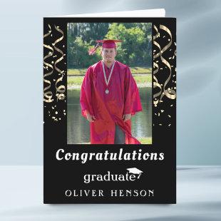 Confetti Congratulations Graduation Black Photo Card