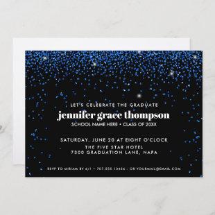 Confetti Glitter Blue Black Photo Graduation Party Invitation