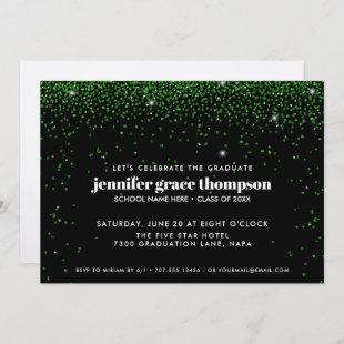 Confetti Glitter Green Black Photo Grad Party Invitation