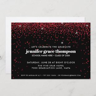 Confetti Glitter Red Black Photo Graduation Party Invitation