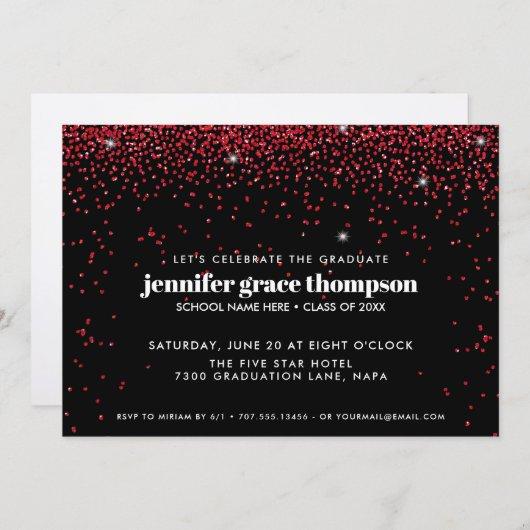 Confetti Glitter Red Black Photo Graduation Party Invitation