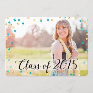 Confetti Gold Teal Blue Photo 2015 Graduation Invitation