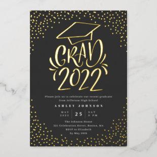 Confetti Lettered Grad 2022 Graduation Party Black Foil Invitation