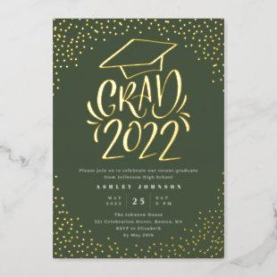Confetti Lettered Grad 2022 Graduation Party Green Foil Invitation
