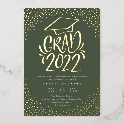 Confetti Lettered Grad 2022 Graduation Party Green Foil Invitation