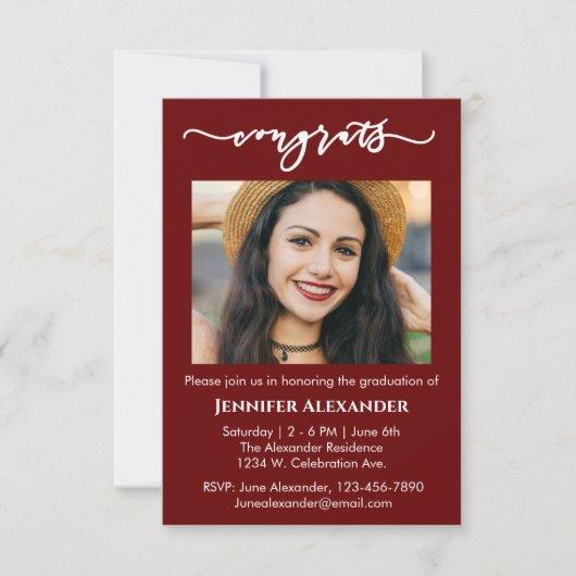congrats calligraphy photo white text on burgundy thank you card